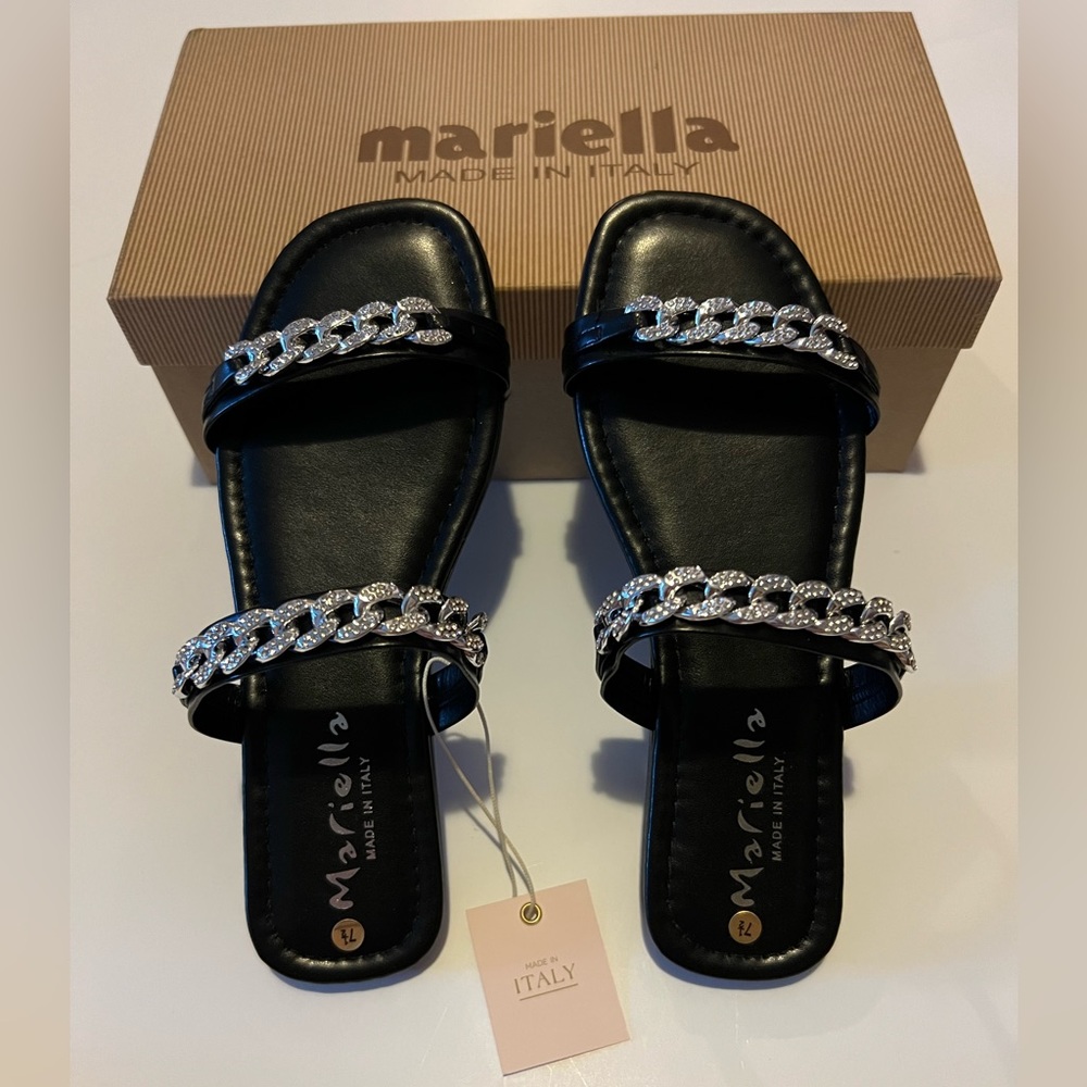 MARIELLA Made In Italy Silver Chainlink Black Flat Sandals Chic Bling, Size 7.5